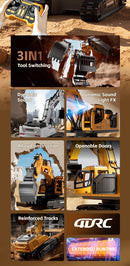 RC Excavator Toy | 3 - in - 1 Alloy Bucket | Smoke FX + Lights + Sound - Jimmys toys